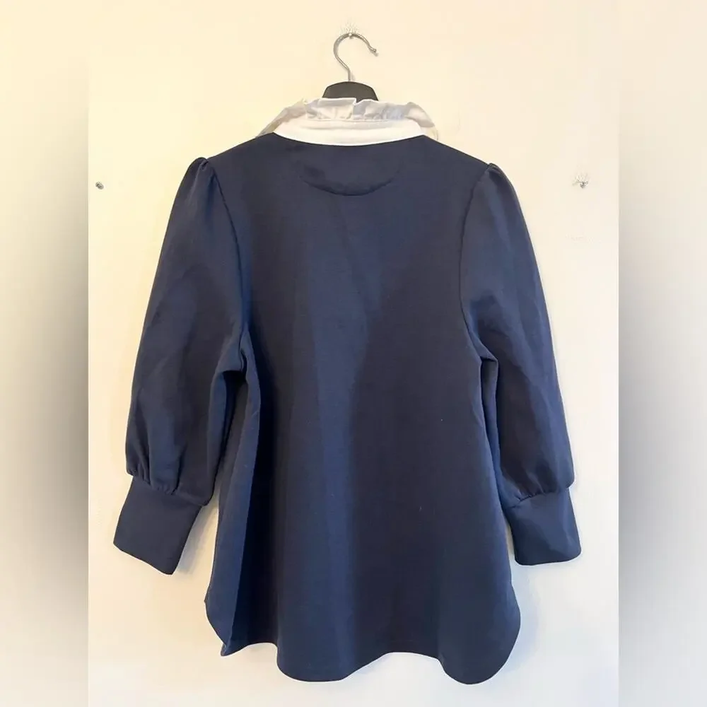 Tuckernuck pomander place Charlotte blouse ruffle neck navy blue preppy timeless